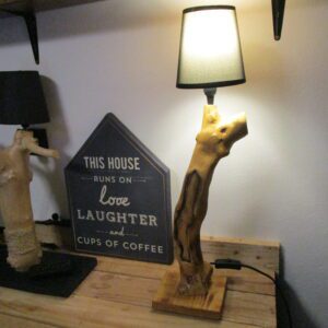 Lampe de Gaïa "Découvrez cette lampe à poser unique, une véritable œuvre d'art naturelle. Son pied est constitué d'une branche de bois brut, soigneusement sélectionnée pour ses formes organiques et ses veines apparentes. Afin de préserver son authenticité et son caractère naturel, le bois n'a pas été percé. Le fil électrique a été discrètement intégré le long de la branche, respectant ainsi son intégrité.