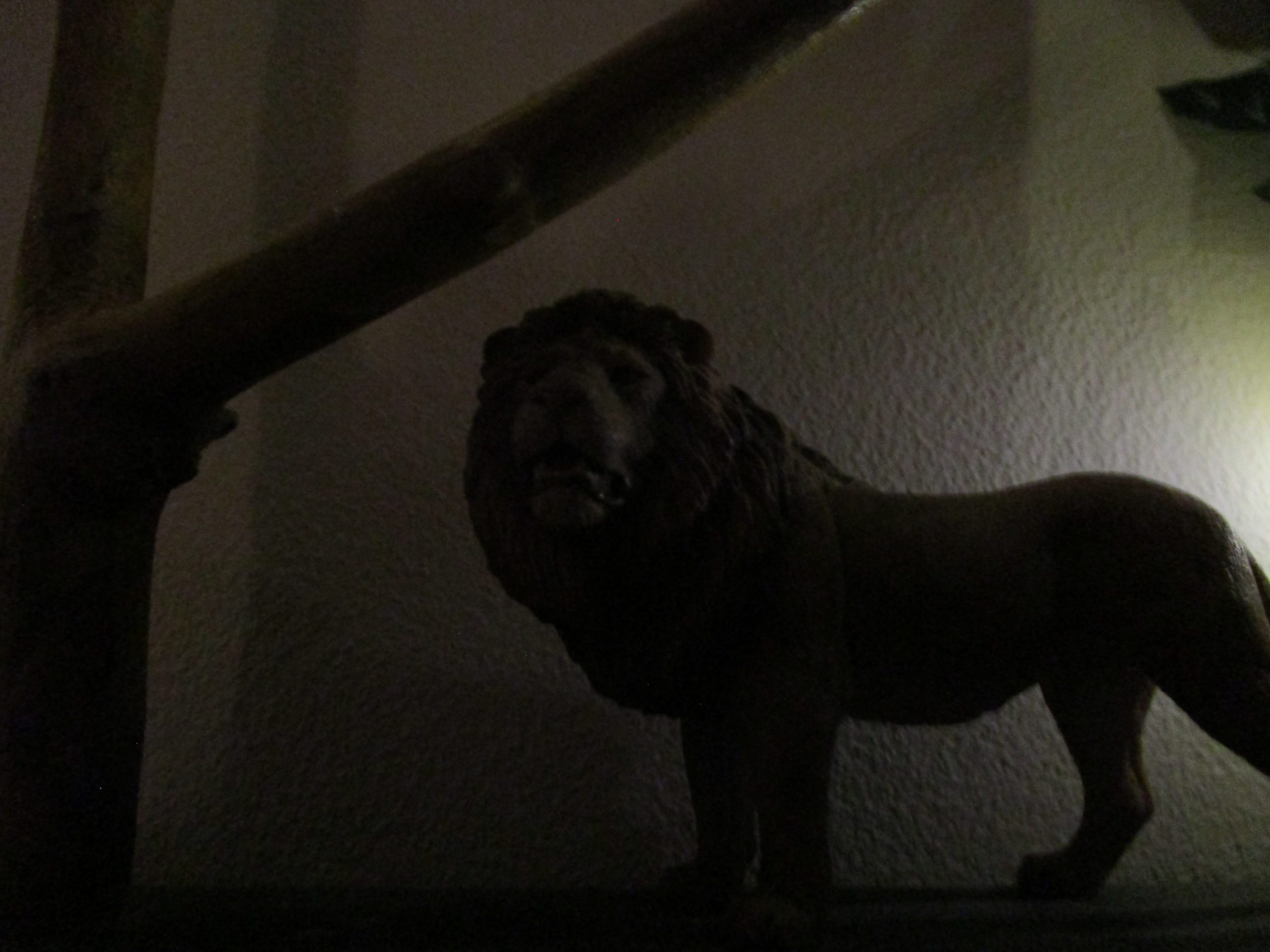 Un carré de nuit boisée, où des branches cherchent le ciel. Une lueur captive danse dans un verre suspendu. Des étoiles filantes de lumière enlacent le tout. Un lion, gardien silencieux, veille sur ce monde miniature.